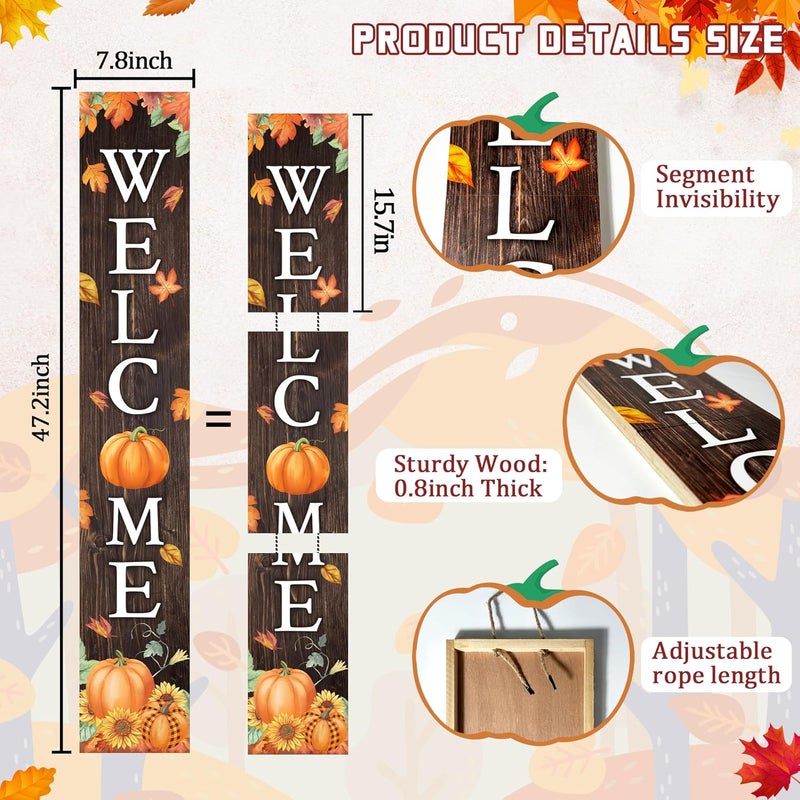 Seimip Fall Welcome Sign For Front Porch Fall Porch Sign Maple Leaf Pumpkin Sunflower Thanksgiving Decor Indoor Outdoor Autumn Wooden Vertical Sign For Patio Front Door Porch Wall Yard - Image 3
